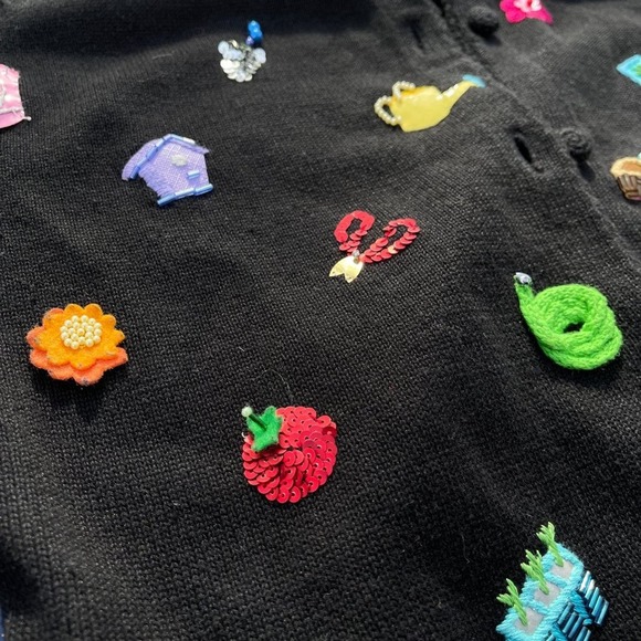 Michael Simon Cardigan Spring Gardener Sweater Wearable Art Black Small vintage - Picture 6 of 13